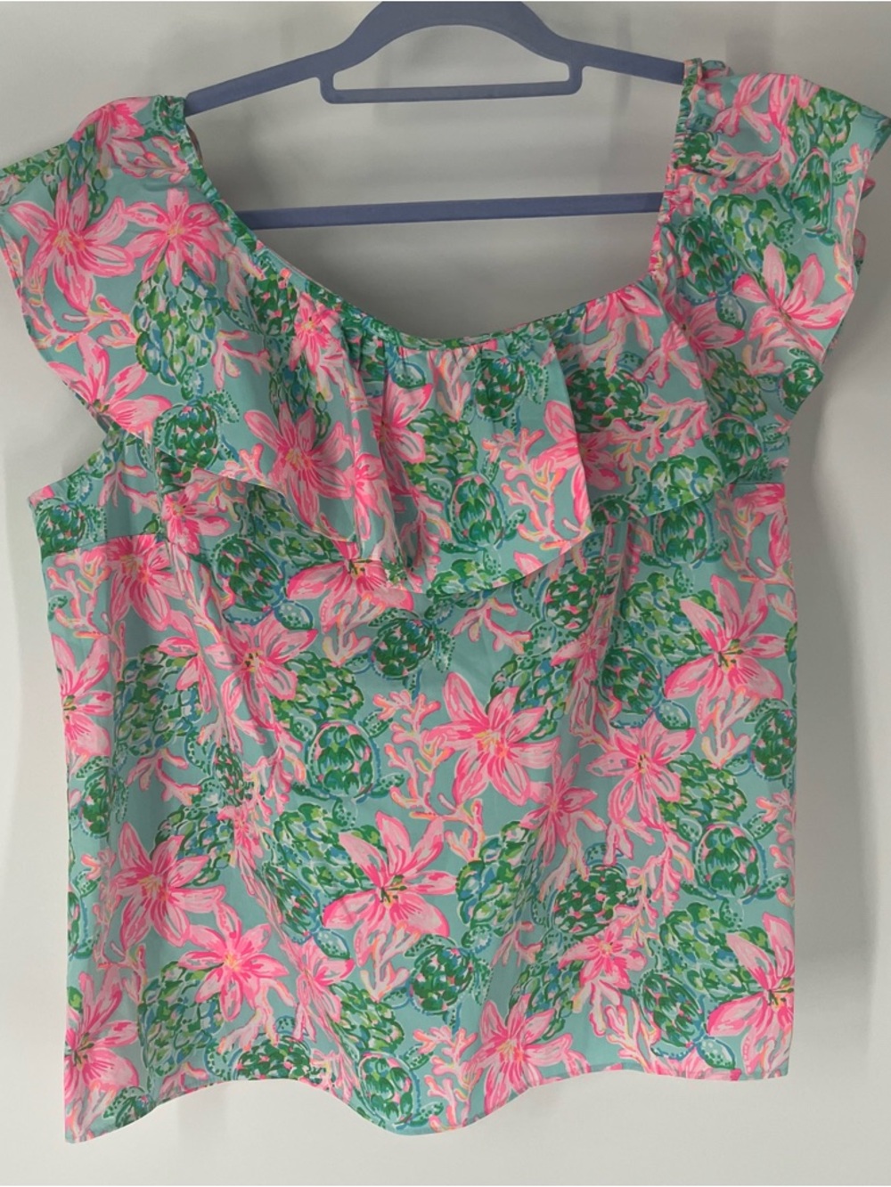 Lilly Pulitzer Zeldie One Shoulder Ruffle Top Surf Blue So Shellegant XL NWT - Picture 3 of 10